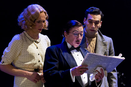 Production still for the STC season of "Calpurnia Descending". L-R: Ash Flanders, Sandy Gore, Peter Paltos. Photographer: Brett Boardman
