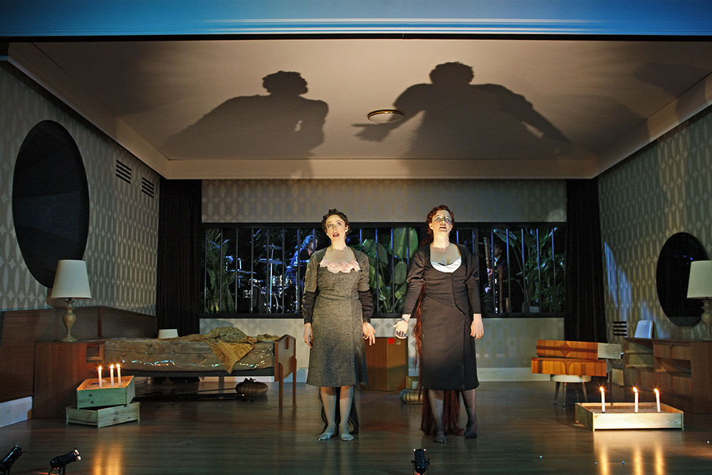 Production still for "Venus and Adonis". L-R: Melissa Madden Gray, Susan Prior. Photographer: Jeff Busby