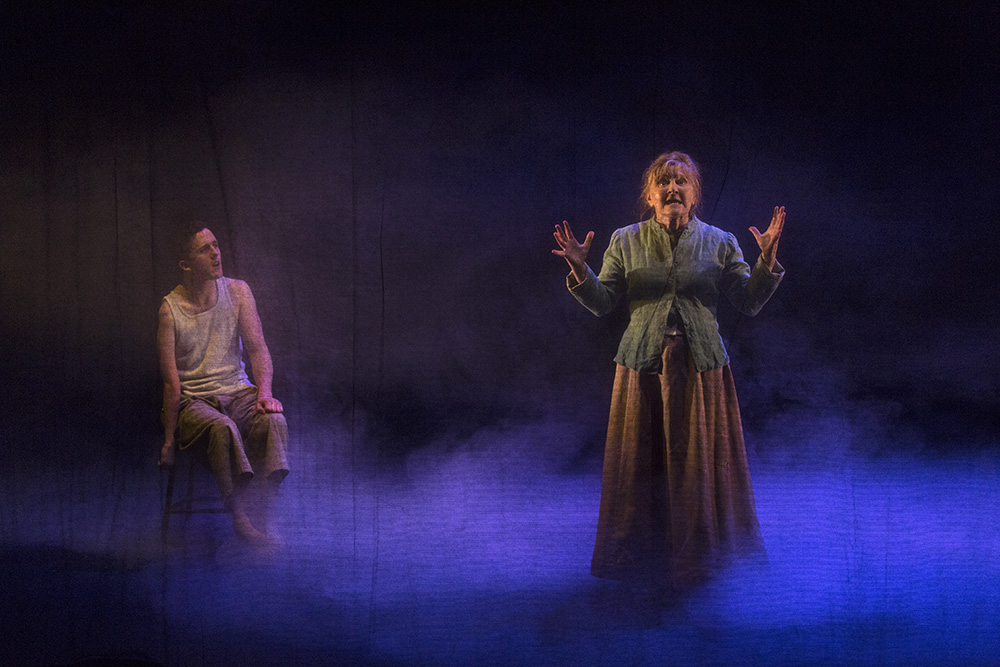 Production still for "The Real and Imagined History of the Elephant Man". L-R: Daniel Monks, Julie Forsyth. Photographer: Pia Johnson