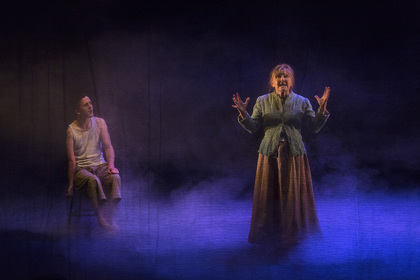 Production still for "The Real and Imagined History of the Elephant Man". L-R: Daniel Monks, Julie Forsyth. Photographer: Pia Johnson