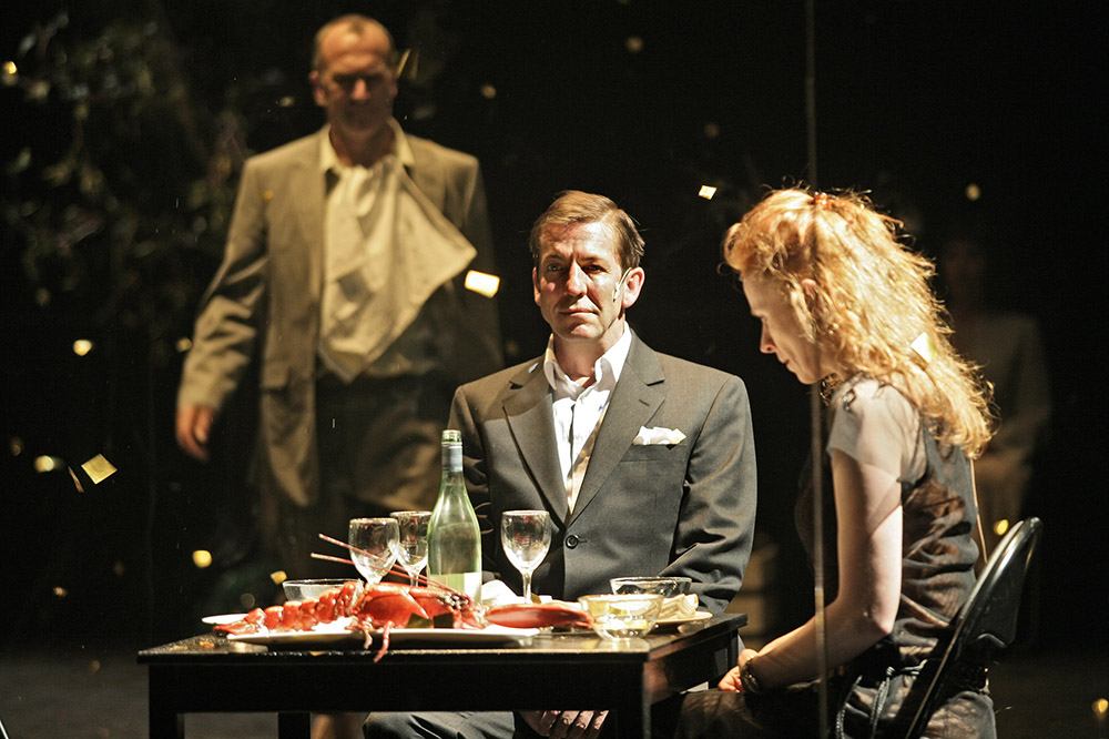 Production still for "Eldorado". L-R: Greg Stone as Anton, Robert Menzies as Aschenbrenner, Alison Whyte as Thekla. Photographer: Jeff Busby