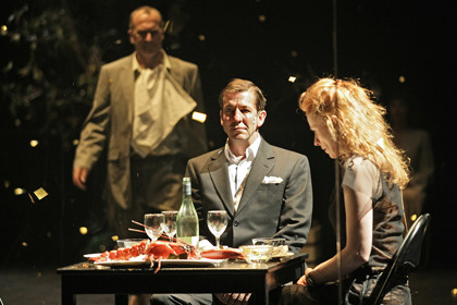 Production still for "Eldorado". L-R: Greg Stone as Anton, Robert Menzies as Aschenbrenner, Alison Whyte as Thekla. Photographer: Jeff Busby