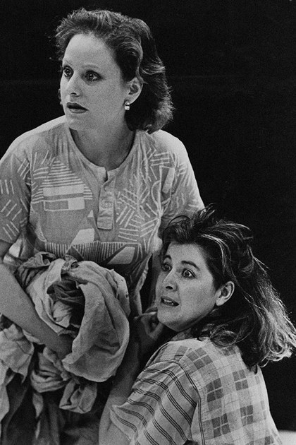 Production still for "A Bed of Ruses". L-R: Rosie Tonkin, Carole Patullo. Photographer: David B. Simmonds.