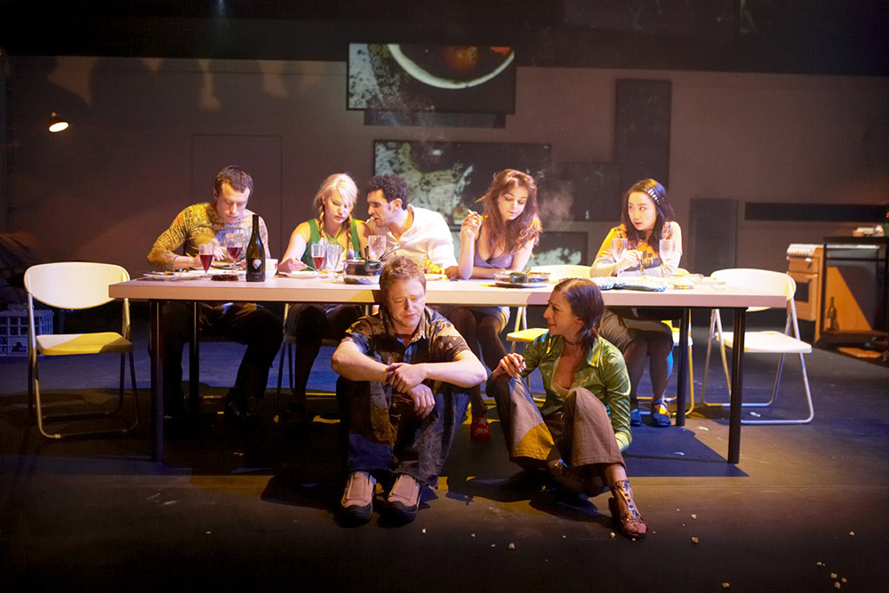 Production still for "Criminology". L-R: (rear) Chris Ryan, Samantha Tolj, Hazem Shammas, Bojana Novakovic, Jing-Xuan Chan; (front) Simon Maiden, Gemma Cavoli. Photographer: Ross Bird