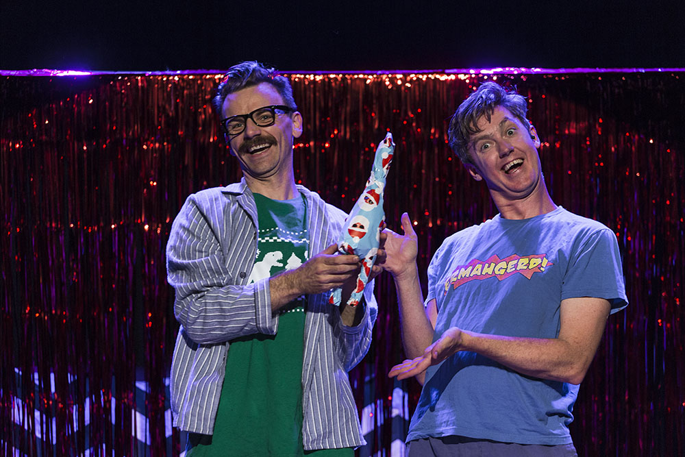 Production still for "The Listies Ruin Christmas". L-R: Richard Higgins, Matt Kelly. Photographer: Pia Johnson