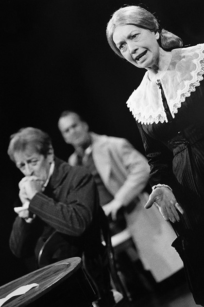 Production still for "A Return to the Brink". L-R: Lewis Fiander as Colonel Campbell, Greg Stone as Nathaniel Quinn, Jackie Kelleher as Mrs Campbell. Photographer: Jeff Busby