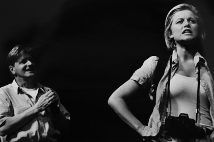 Production still for "Rising Fish Prayer". L-R: Robert Grubb as Ken Paterson, Sophie Heathcote as Petra Dankou. Photographer: Jeff Busby