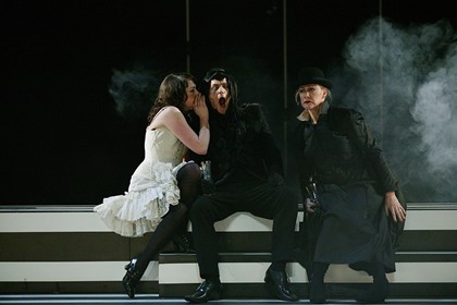Production still for "Sleeping Beauty: This is Not a Lullaby". L-R: Alison Bell, Grant Smith, Renee Geyer. Photographer: Lisa Tomasetti