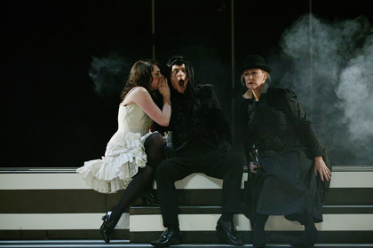 Production still for "Sleeping Beauty: This is Not a Lullaby". L-R: Alison Bell, Grant Smith, Renee Geyer. Photographer: Lisa Tomasetti