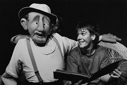 Production still for "Wilfrid Gordon Macdonald Partridge". Syd Brisbane with puppet. Photographer: Jeff Busby