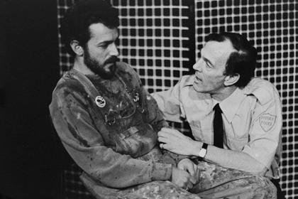 Production still for "Interrogation of Angel". L-R: Gary Samolin as John Kenny, Roy Baldwin as Sgt Suck. Photographer: David Parker