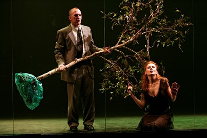 Production still for "Eldorado". L-R: Greg Stone as Anton, Alison Whyte as Thekla. Photographer: Jeff Busby