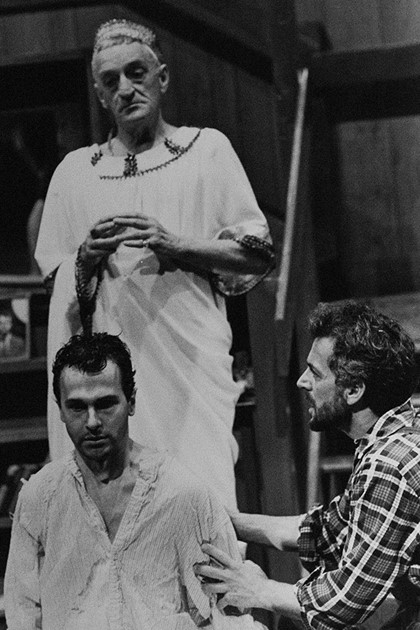 Production still for "My Son the Lawyer is Drowning". L-R: Humphrey Bower as Danny, Frank Wilson as God (standing), Gary Samolin as Alan. Photographer: Jeff Busby