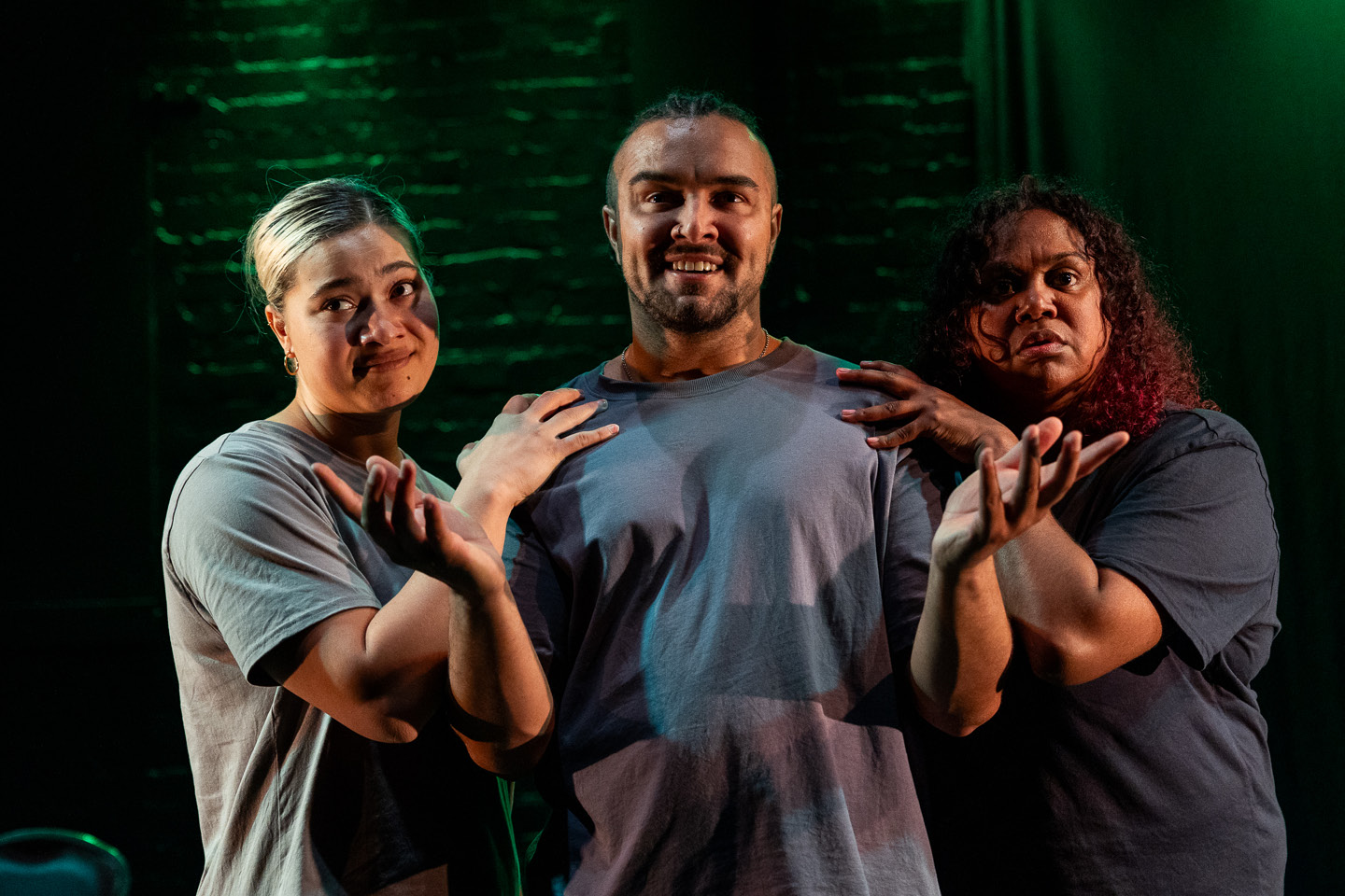 Production still for the 2023 Season of ' 'Whose Gonna Love 'Em? I am that i AM' In Photo: Maggie Church-Kopp, Corey Saylor-Brunskill, Maurial Spearim. Photographer: Jacinta Keefe