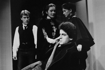 Production still for "The Greatest Man on Earth". L-R: Gerhard Metz, Margaret Cameron, Sue Jones, Joseph Spano (front). Photographer: Jeff Busby