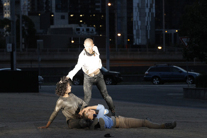 Production still for "Depth of Field". L-R: Niharika Senapati, James Vu Anh Pham, Tara Jade Samaya. Photographer: Jeff Busby