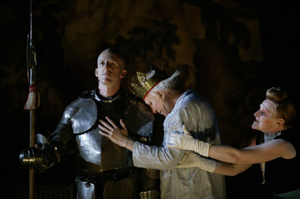 Production still for "Exit the King". L-R: David Woods, Geoffrey Rush, Julie Forsyth. Photographer: Lisa Tomasetti