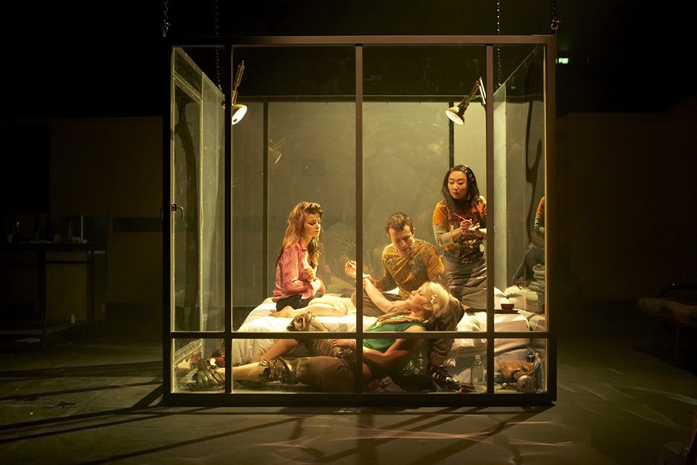 Production still for "Criminology". L-R: Bojana Novakovic, Samantha Tolj (lying), Luke Ryan, Jing-Xuan Chan. Photographer: Ross Bird