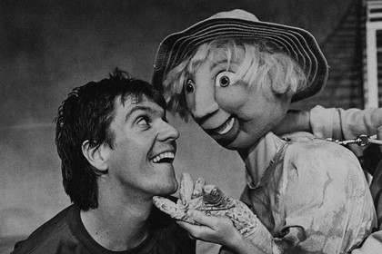 Production still for "Wilfrid Gordon Macdonald Partridge". Syd Brisbane with puppet. Photographer: Jeff Busby