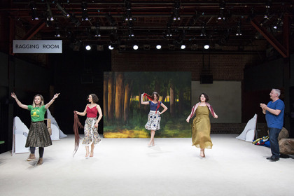 Production still for "Come Away with Me to the End of the World". Beth Buchanan (far left) and Patrick Moffatt (far right) with Rosa Voto and dancers. Photographer: Pia Johnson