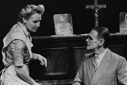 Production still for "A Happy and Holy Occasion". L-R: Ailsa Piper as Mary O'Mahon, Robert Essex as Tocky Keating. Photographer: Jeff Busby