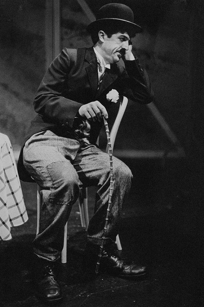 Production still from "The Tramp's Revenge". Joseph Spano as Charlie Chaplin. Photographer: David B. Simmonds