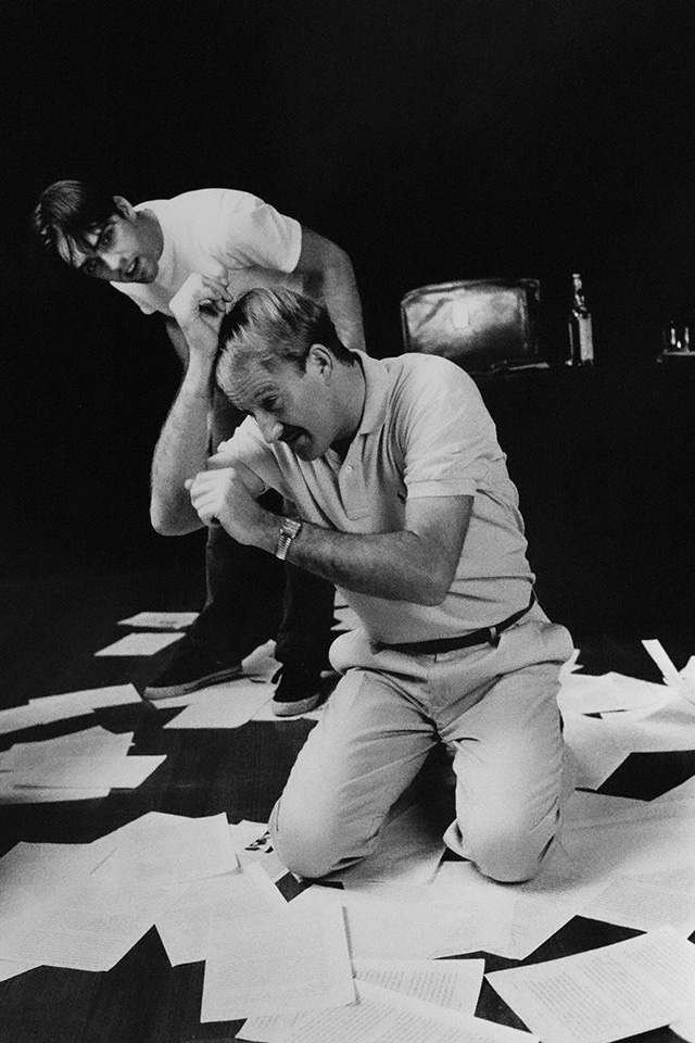 Production still for tour of "Sanctuary". L-R: Felix Williamson as John Alderston, William Gluth as Robert 'Bob' King. Photographer: Jeff Busby