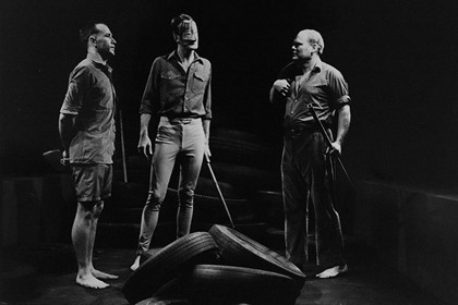 Production still for "A Manual of Trench Warfare". L-R: Howard Stanley as Barry Moon, William Gluth (Bryon/Marriott), Malcolm Robertson as Brendan Barra. Photographer: Jeff Busby