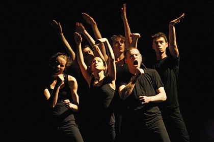 Production still for "Human Interest Story". L-R: Stephanie Lake, Harriet Ritchie (back), Jessica Wong, Talitha Maslin, Alisdair Macindoe, Stuart Shugg. Photographer: Jeff Busby