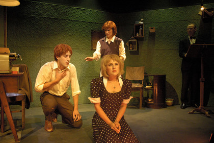 Production still for "The Black Swan of Trespass". L-R: Christopher Brown, Jaclyn Bassanelli (kneeling), Katie Keady, Gavan O'Leary. Photographer: Brett Boardman