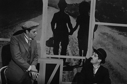 Production still from "The Tramp's Revenge". L-R: Nick Carrafa as the Tramp, Joseph Spano as Charlie Chaplin. Photographer: David B. Simmonds