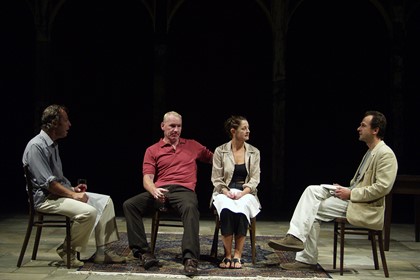 Production still for "Night Letters". Patrick Dickson as Peter, Robert Morgan as Harry, Jeanette Cronin as Jill, Humphrey Bower as Robert. Photographer: Unknown