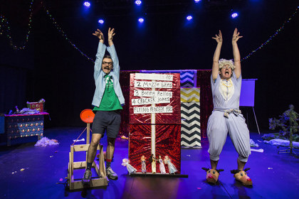 Production still for "The Listies Ruin Christmas". L-R: Richard Higgins, Matt Kelly. Photographer: Pia Johnson