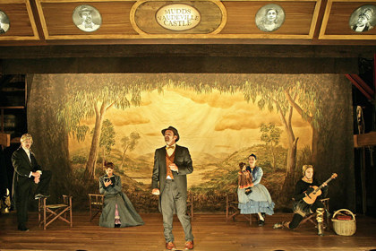 Production still for "Goodbye Vaudeville Charlie Mudd". L-R: Alex Menglet, Julia Zemiro, Jim Russell, Christen O'Leary, Matt Wilson. Photographer: Jeff Busby