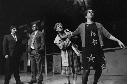 Production still for "Competitive Tenderness". L-R: Simon Palomares, Francis Greenslade, Monica Maughan, Doris Younane. Photographer: Jeff Busby