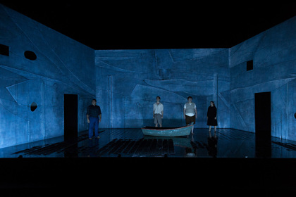 Production still for "Cloudstreet". L-R: Ian Michael, Guy Simon, Benjamin Oakes, Ebony McGuire. Photographer: Pia Johnson