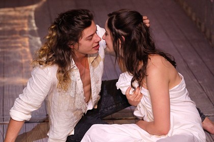 Production still for "'Tis Pity She's a Whore". L-R: Benedict Samuel as Giovanni, Elizabeth Nabben as Annabella. Photographer: Jeff Busby