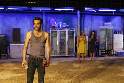 Production still for "Blood Wedding". L-R: Matias Stevens as Leonardo, Nicole Da Silva as the Wife, Irene del Pilar Gomez. Photographer: Jeff Busby