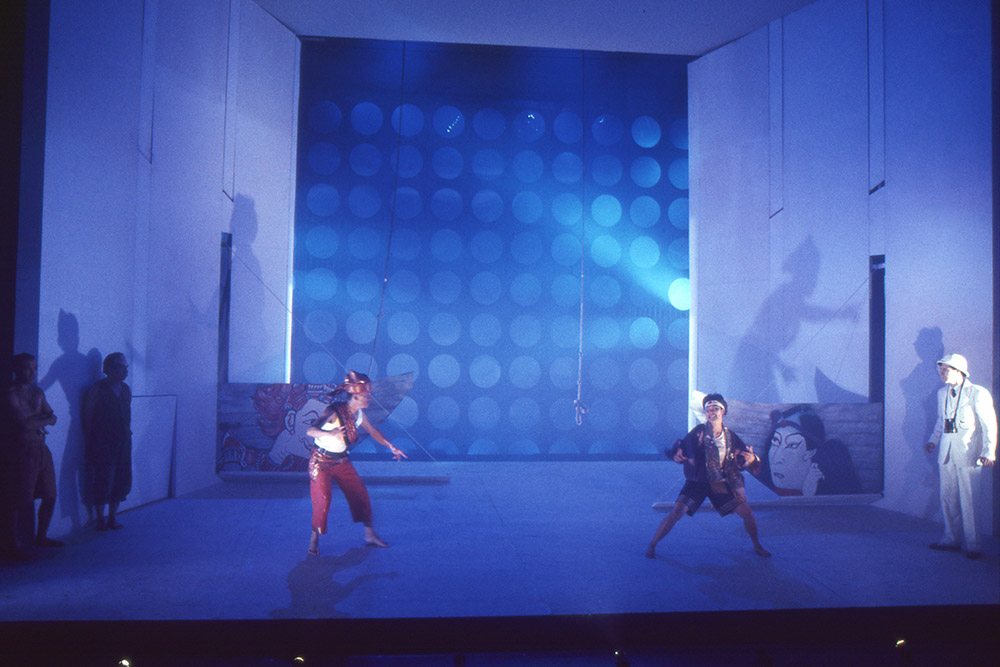 Production still for "Miss Tanaka". L-R: Bradley Byquar as Kazuhiko, Tam Phan as Mr Tanaka, Tony Yap as Hanif, Yumi Umiumare as Sakamoto, Jeremy Stanford as Mott. Photographer: Jeff Busby