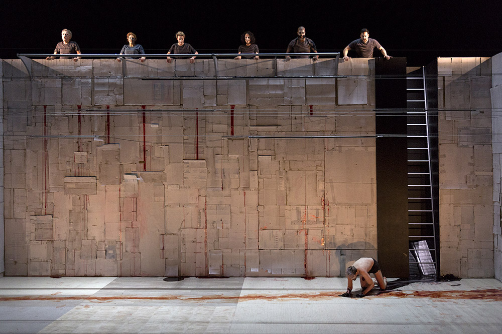 Production still for "Black Rider: The Casting of the Magic Bullets". Front: Kanen Breen. Rear, L-R: Richard Piper, Jacqueline Dark, Dimity Shepherd, Paul Capsis, Le Gateau Chocolat, Winston Hillyer. Photographer: Pia Johnson