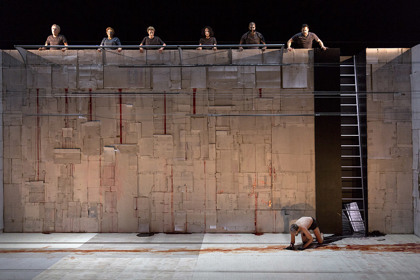 Production still for "Black Rider: The Casting of the Magic Bullets". Front: Kanen Breen. Rear, L-R: Richard Piper, Jacqueline Dark, Dimity Shepherd, Paul Capsis, Le Gateau Chocolat, Winston Hillyer. Photographer: Pia Johnson