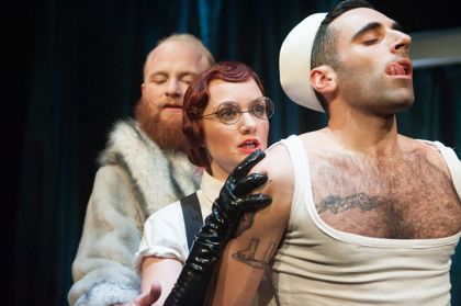 Production still for "Salome". L-R: Tom Dent, Zoe Boeson, Peter Paltos. Photographer: Sarah Walker