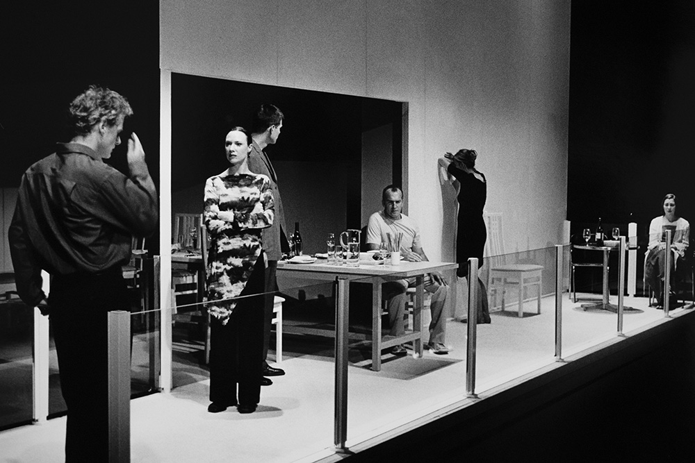 Production still for "Rapture". L-R: Paul English as Dan, Belinda McClory as Jane, Neil Pigot as Tom, Greg Stone as Harry, Natasha Herbert as Eve, Marg Downey as Henny. Photographer: Jeff Busby