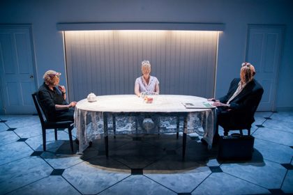 Production still for "Meta". L to R: Liz Jones, Mary Helen Sassman, and John Flaus. Photographer: Pierre Carthew