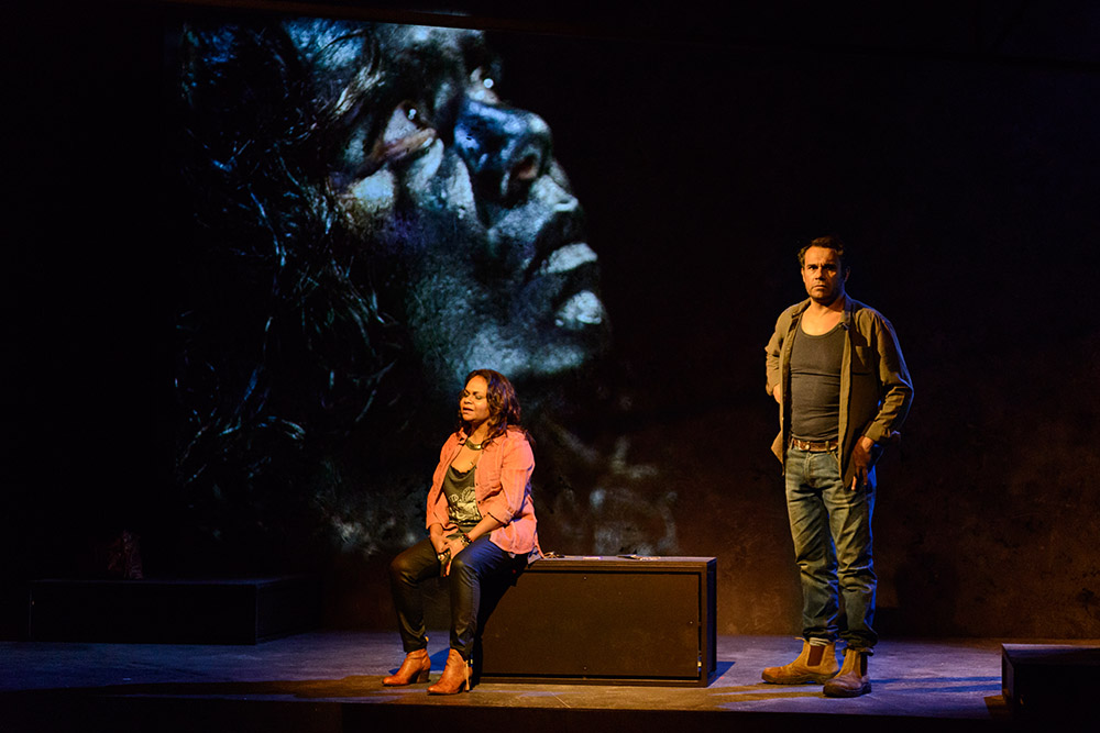 Production still for "Heart is a Wasteland". L-R: Ursula Yovich as Raye, Aaron Pedersen as Dan. Photographer: Deryk McAlpin
