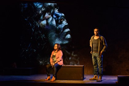 Production still for "Heart is a Wasteland". L-R: Ursula Yovich as Raye, Aaron Pedersen as Dan. Photographer: Deryk McAlpin