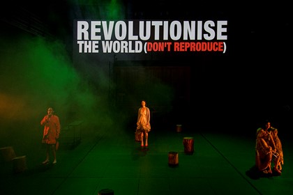 Production still for "Revolt. She Said. Revolt Again." L-R: Elizabeth Esguerra, Belinda McClory, Ming-Zhu Hii. Photographer: Pia Johnson