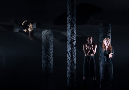 Production still for the 2022 Season of 'Monsters'. L-R: Josie Weise, Kimball Wong, Alison Whyte. Photographer: Pia Johnson