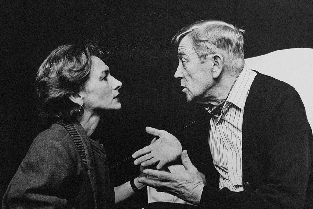 Production still for "Hate". L-R: Gillian Jones as Celia, Desmond Kelly as John. Photographer: Jeff Busby