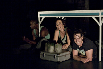 Production still for "Happiness". L to R: Terry Yeboah, Jodie Le Vesconte, Todd Macdonald. Photographer: Belinda Strodder